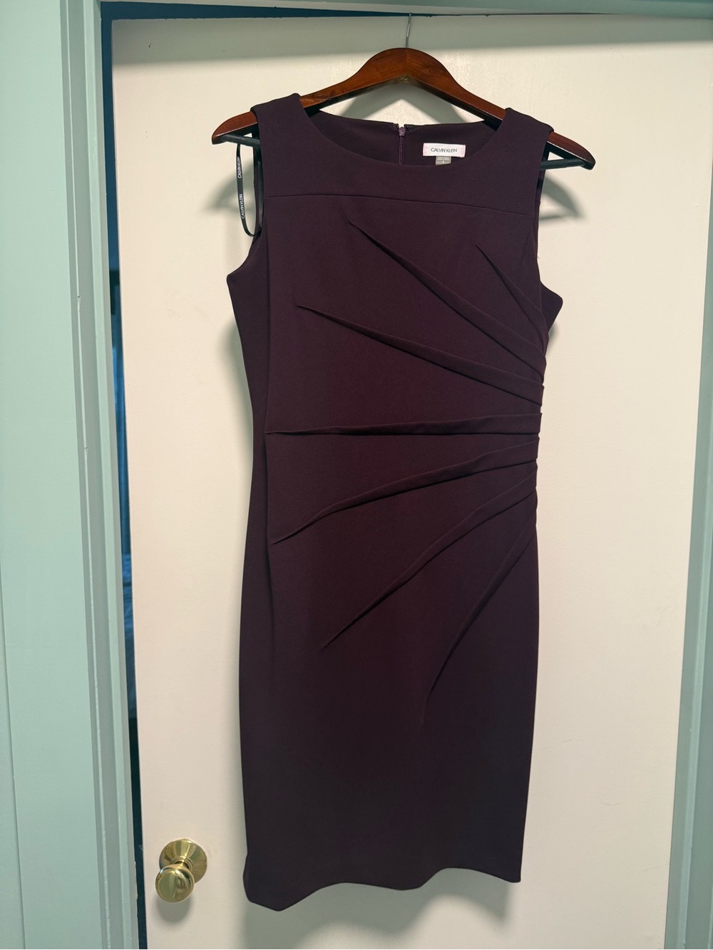 Calvin Klein Plum Sheath Dress with Asymmetric Pleats
